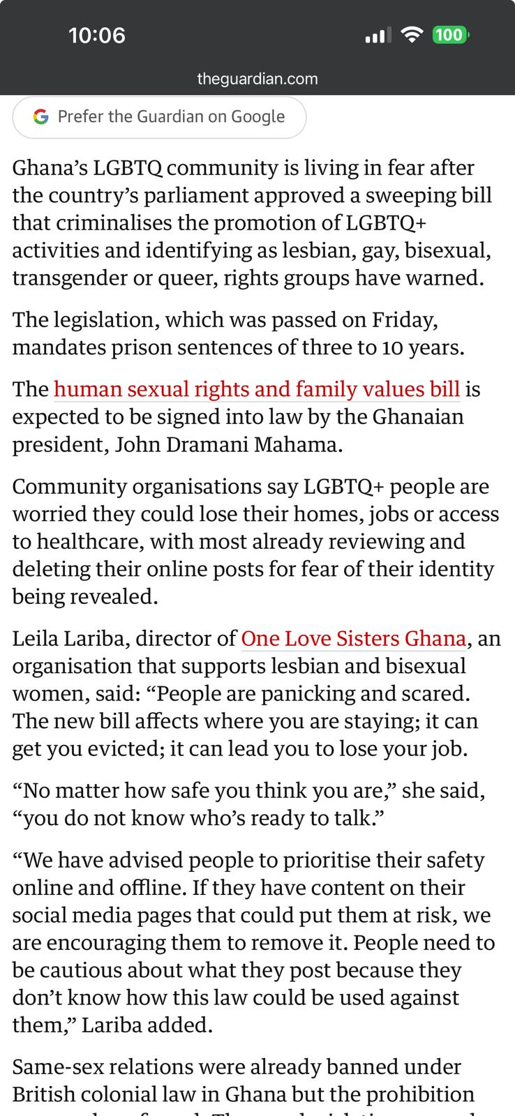 The Guardian: Ghana's LGBTQ community living in fear after parliament approves sweeping bill