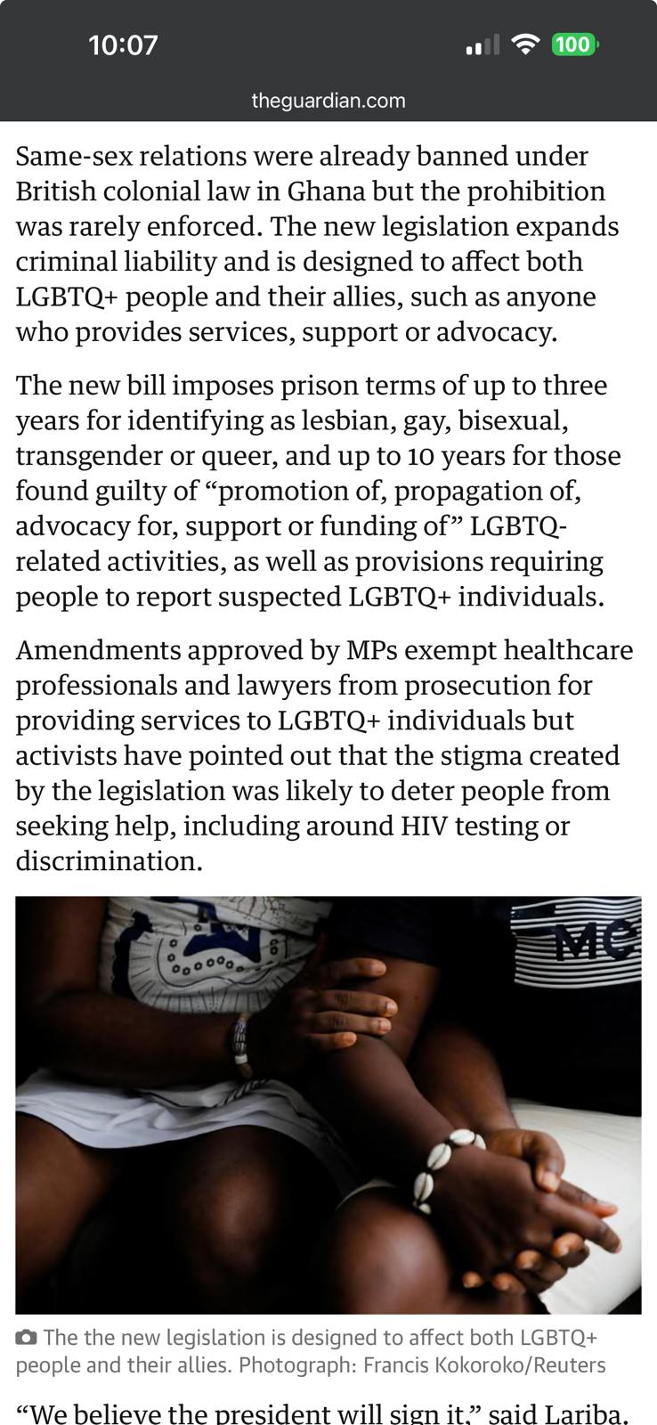 The Guardian: New bill imposes up to 10 years prison for LGBTQ+ people and allies in Ghana