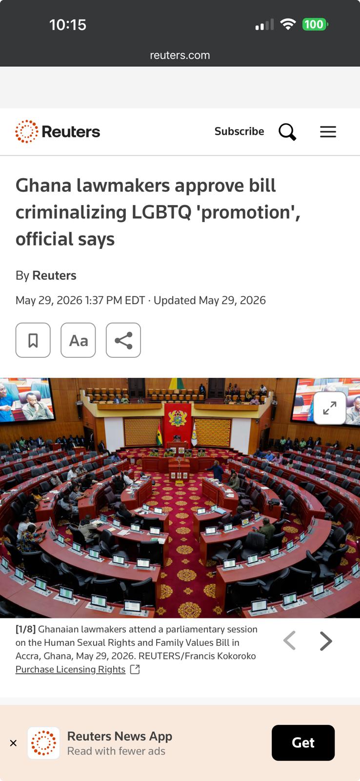 Reuters: Ghana lawmakers vote on bill criminalizing LGBTQ promotion, Parliament chamber, May 29 2026