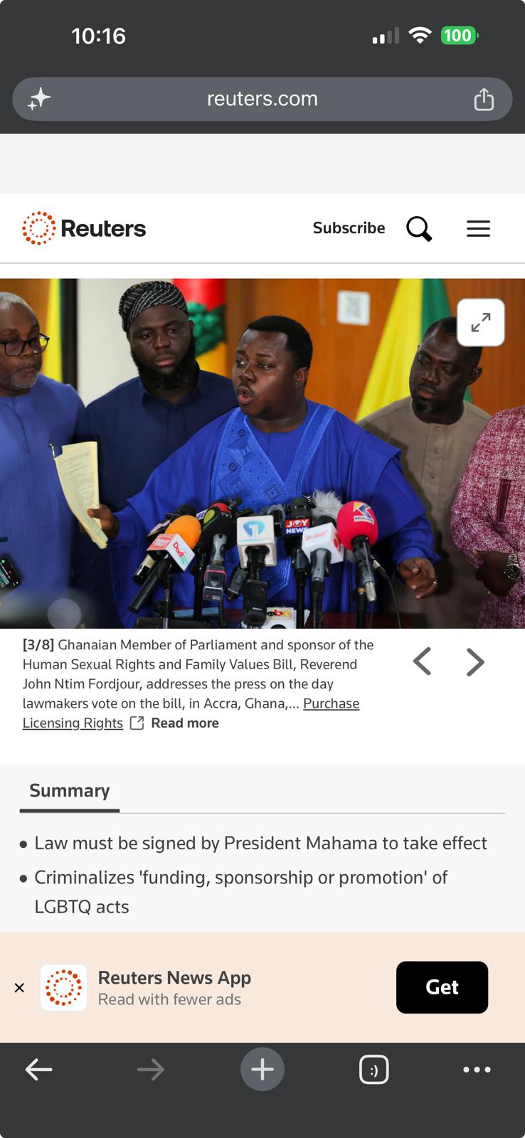 Reuters: Rev. John Ntim Fordjour, bill sponsor, addresses press on day of parliamentary vote in Accra